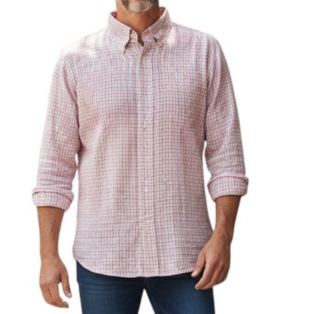 Lands' End Baird McNutt Irish Linen Shirt Pink Check Button Down Men XL 17 - 34